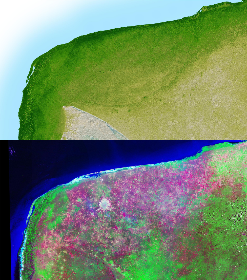 The top picture is a shaded relief image of the northwest corner of Mexico's Yucatan Peninsula generated from Shuttle Radar Topography Mission (SRTM) data, and shows a subtle, but unmistakable, indication of the Chicxulub impact crater. The top picture is a shaded relief image of the northwest corner of Mexico's Yucatan Peninsula generated from Shuttle Radar Topography Mission (SRTM) data, and shows a subtle, but unmistakable, indication of the Chicxulub impact crater.
